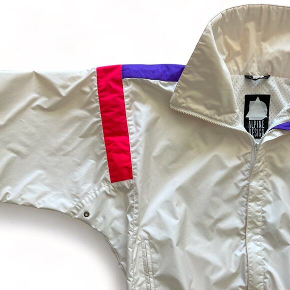 Vintage 80s Alpine Design Lined Windbreaker Nylon Zip Jacket Pink White Purple M - Picture 5 of 14